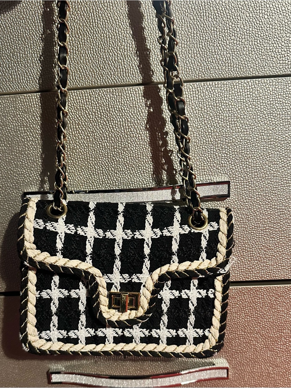 Black & White Woven Chain-Handle Shoulder Bag